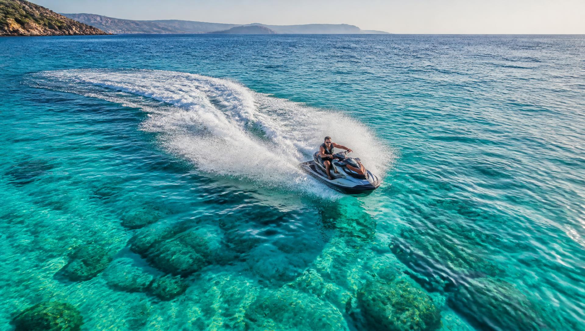 Jet ski fendant une mer turquoise sur la côte méditerranéenne de Saïdia